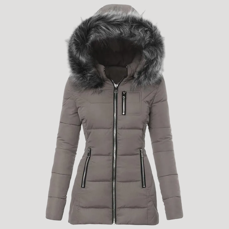 Women's quilted hooded jacket with faux fur trim and zipped pockets