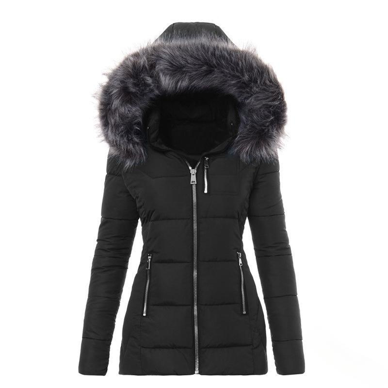 Women's quilted hooded jacket with faux fur trim and zipped pockets