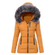 Women's quilted hooded jacket with faux fur trim and zipped pockets