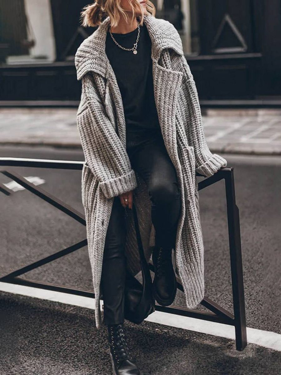 Women's oversized longline chunky knit cardigan with shawl collar and button front