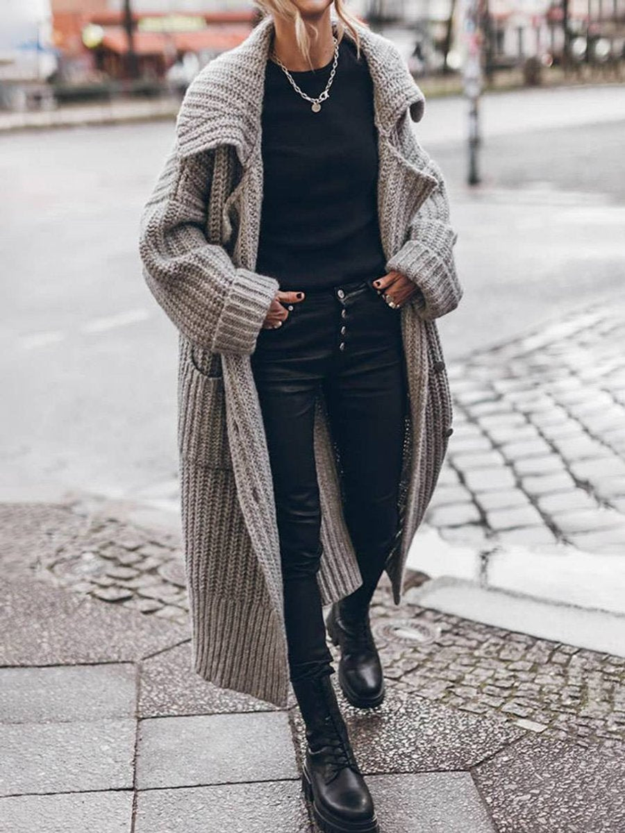 Women's oversized longline chunky knit cardigan with shawl collar and button front