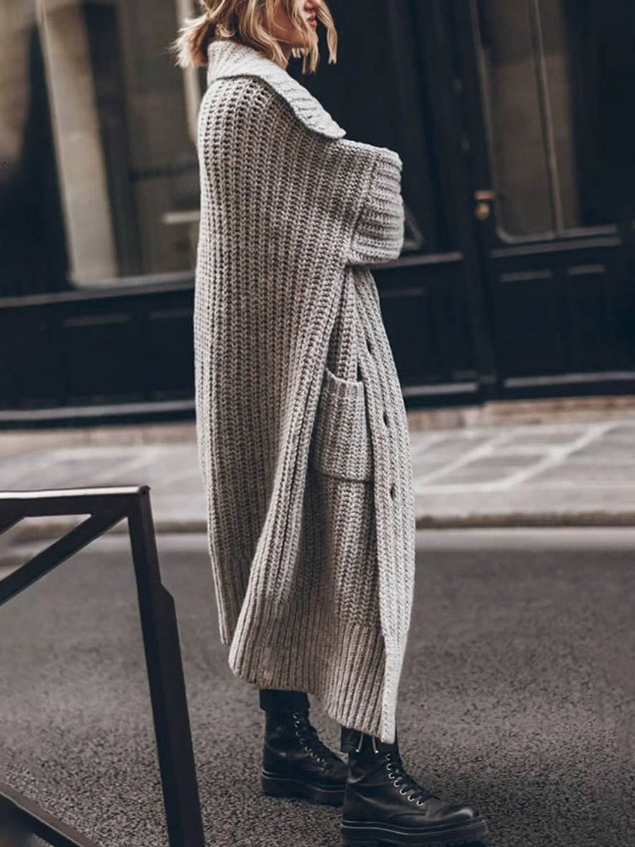 Women's oversized longline chunky knit cardigan with shawl collar and button front