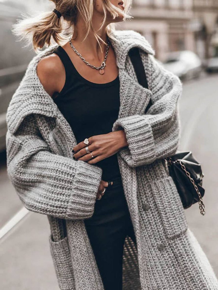 Women's oversized longline chunky knit cardigan with shawl collar and button front