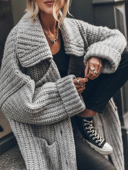 Women's oversized longline chunky knit cardigan with shawl collar and button front