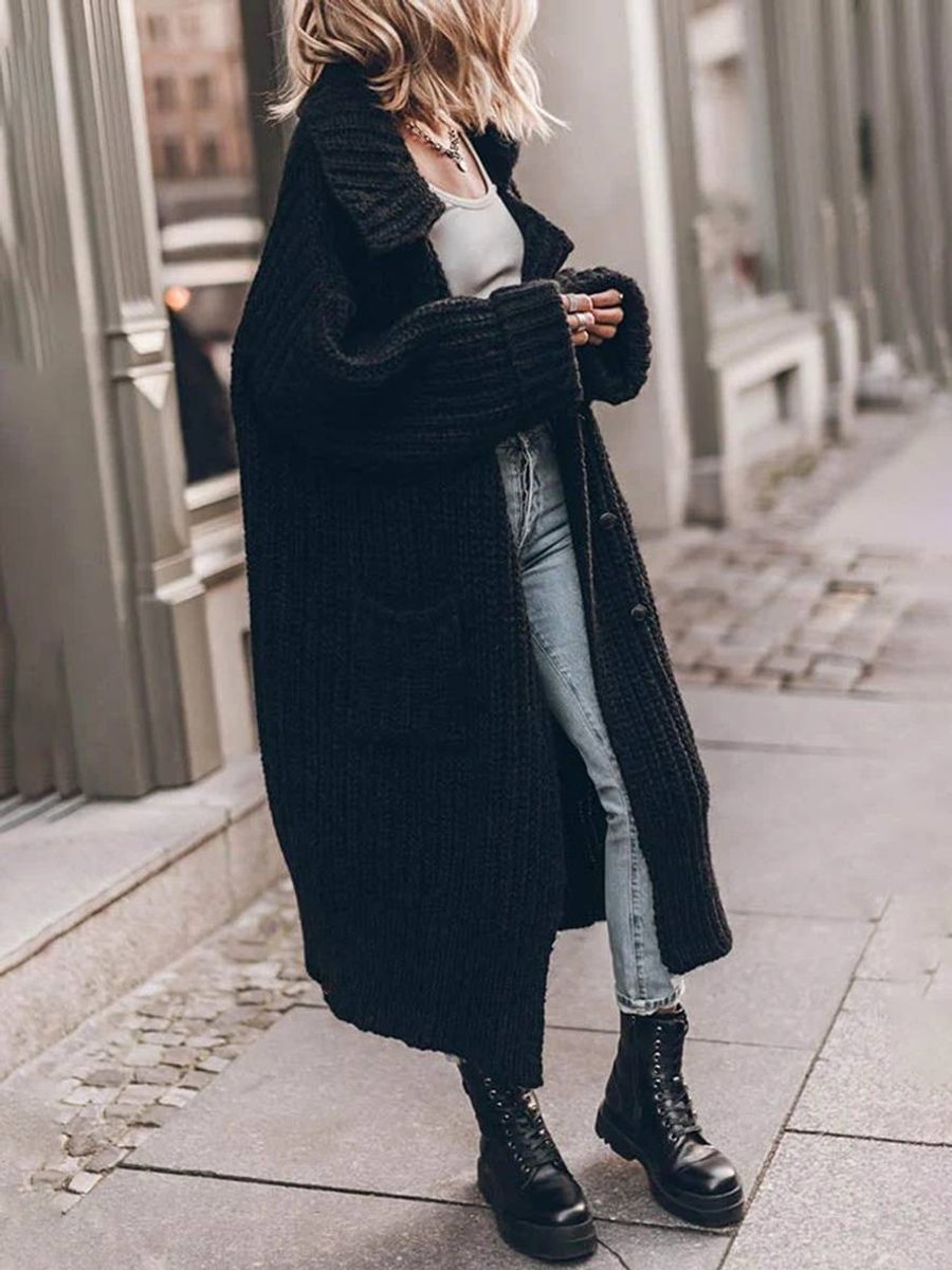 Women's oversized longline chunky knit cardigan with shawl collar and button front