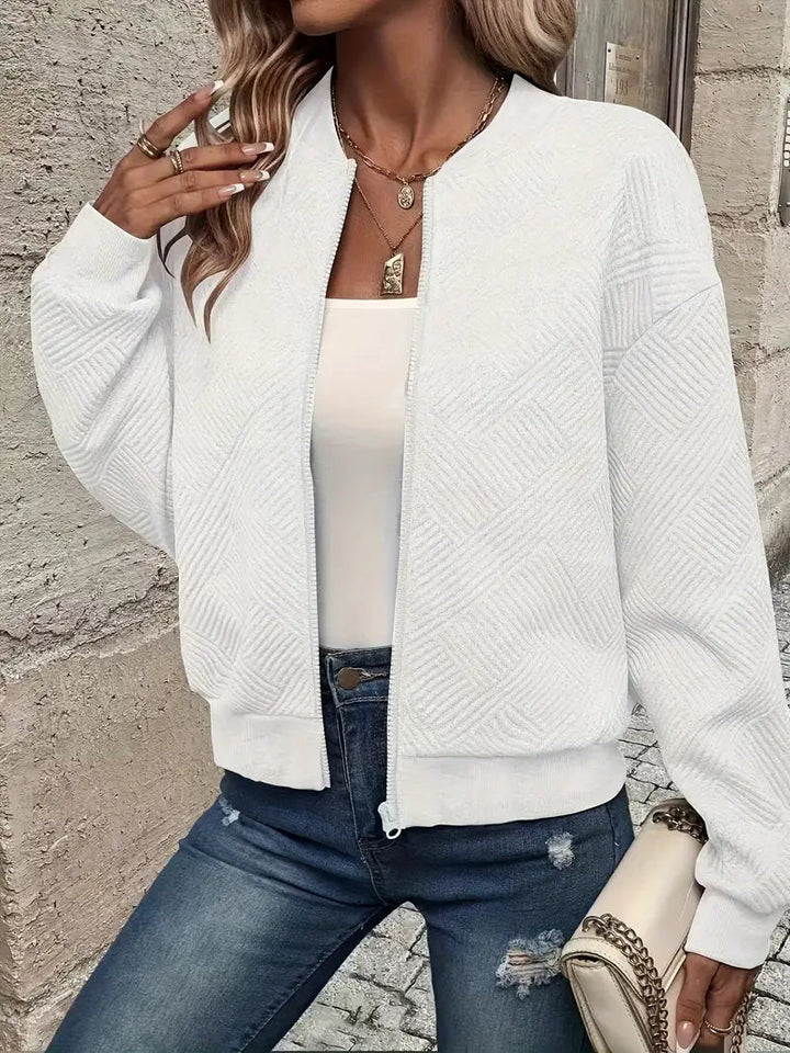 Women's textured bomber jacket with crew neck and zip front