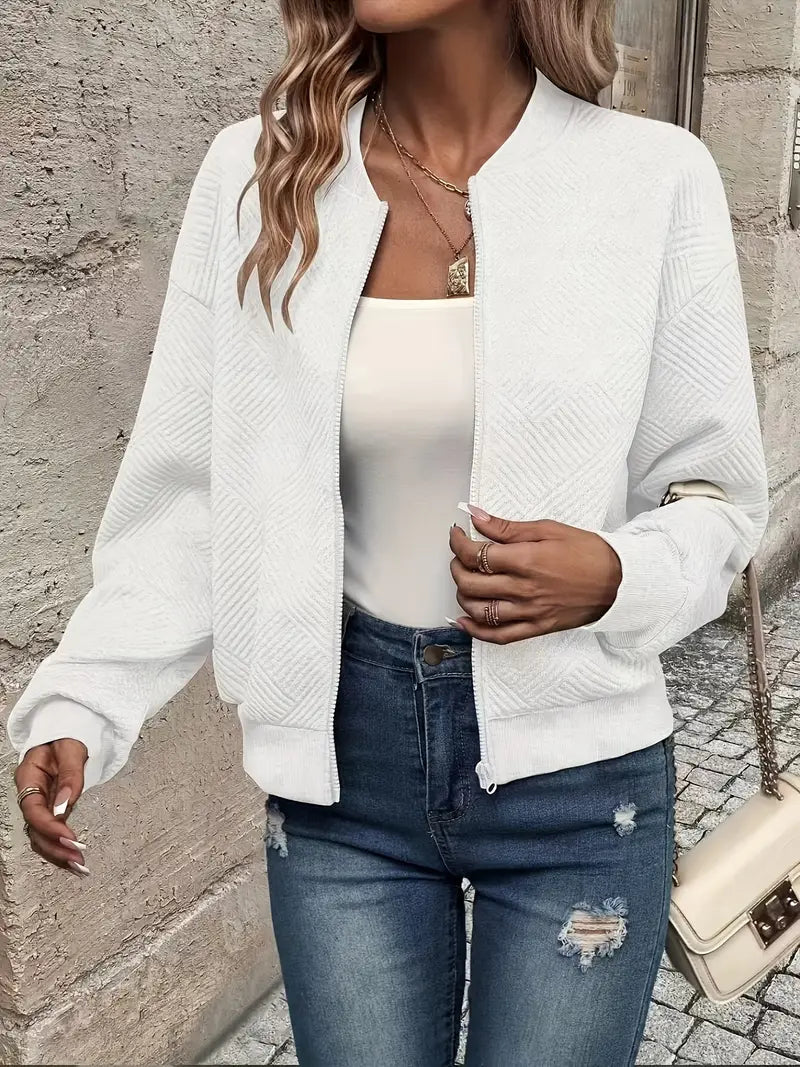 Women's textured bomber jacket with crew neck and zip front