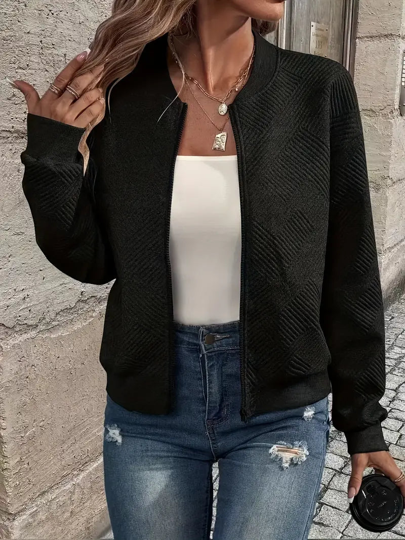 Women's textured bomber jacket with crew neck and zip front