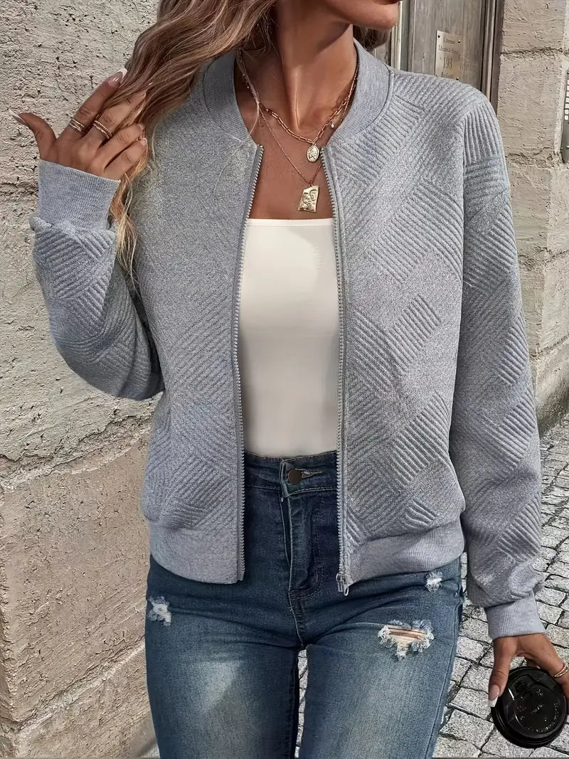 Women's textured bomber jacket with crew neck and zip front