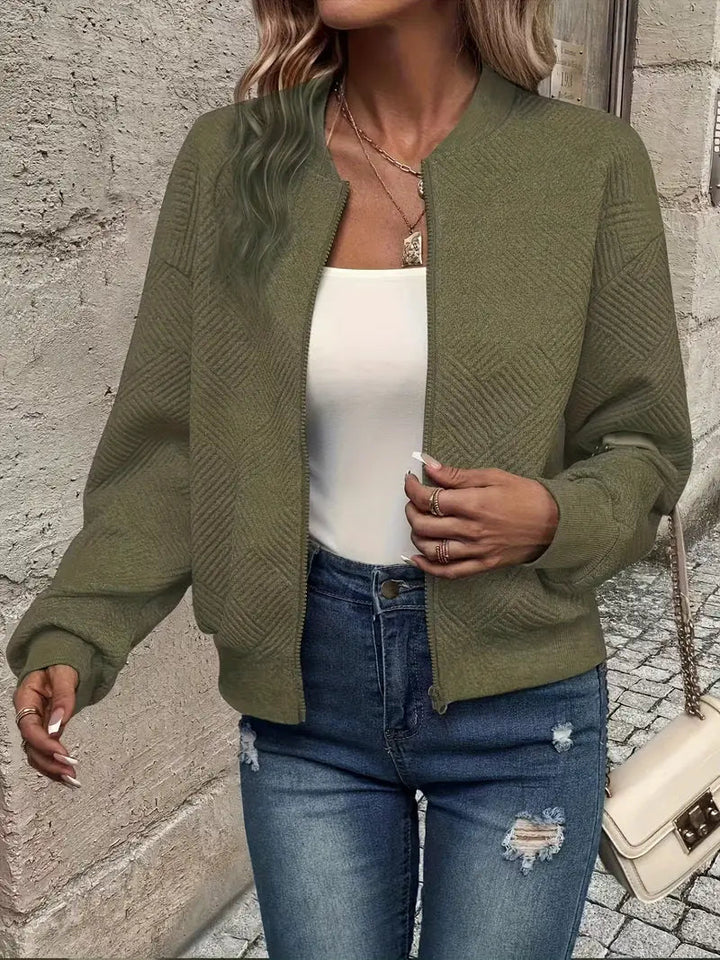 Women's textured bomber jacket with crew neck and zip front