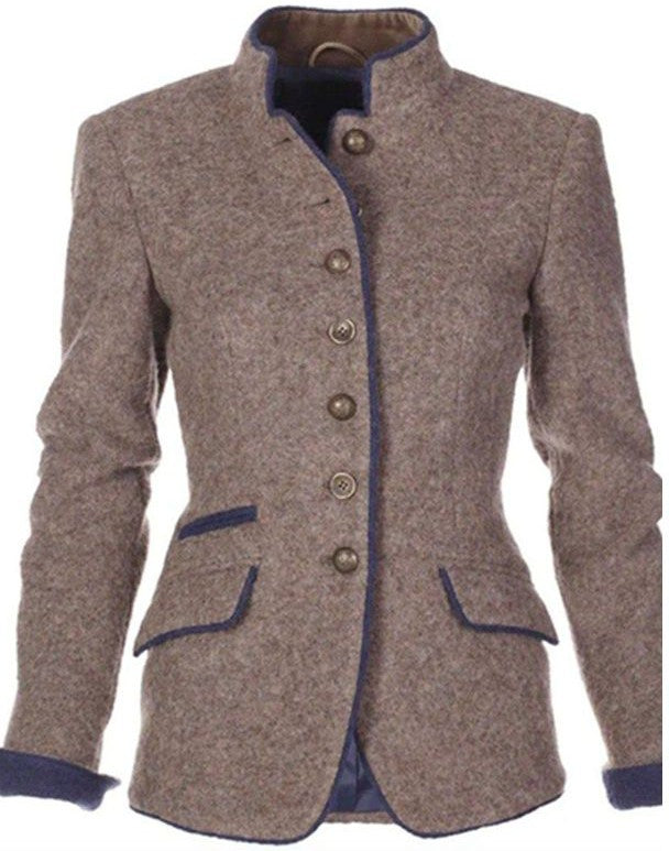 Women's brown textured blazer with stand collar, buttons and contrast trim