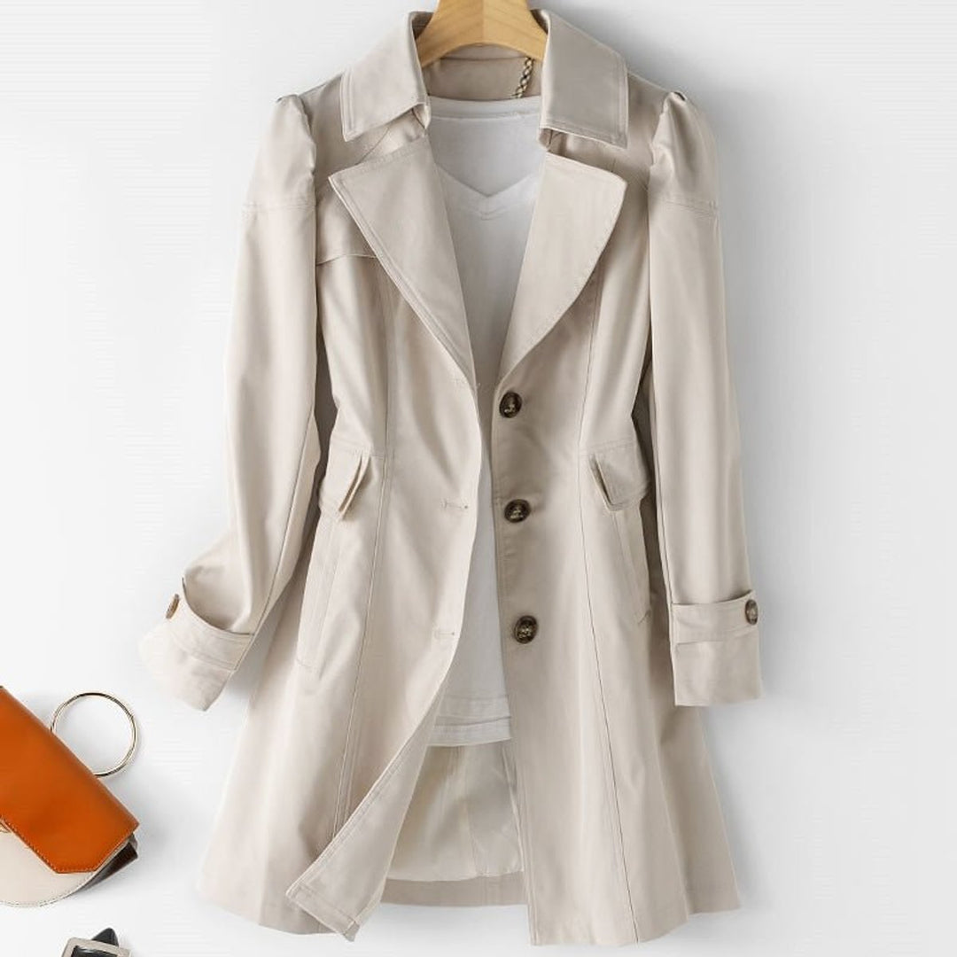 Women's long trench coat with notched lapel, button front and flap pockets