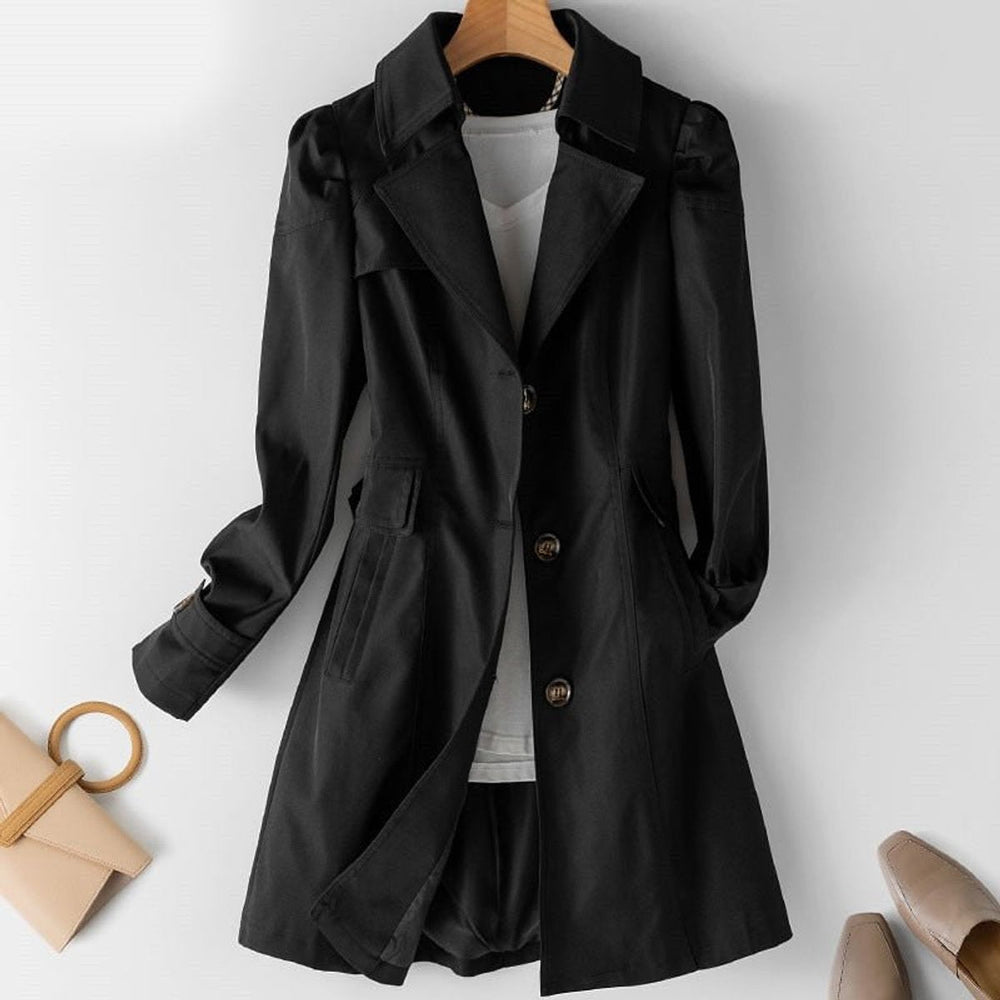 Women's long trench coat with notched lapel, button front and flap pockets