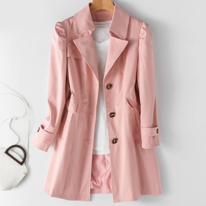 Women's long trench coat with notched lapel, button front and flap pockets