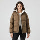 Women's hooded quilted puffer jacket with contrasting fleece-like lining and zip front