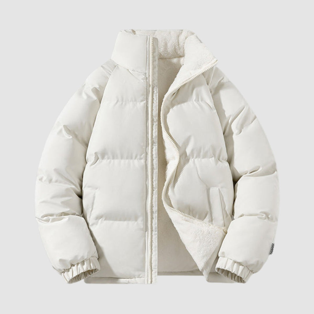 Women's hooded quilted puffer jacket with contrasting fleece-like lining and zip front