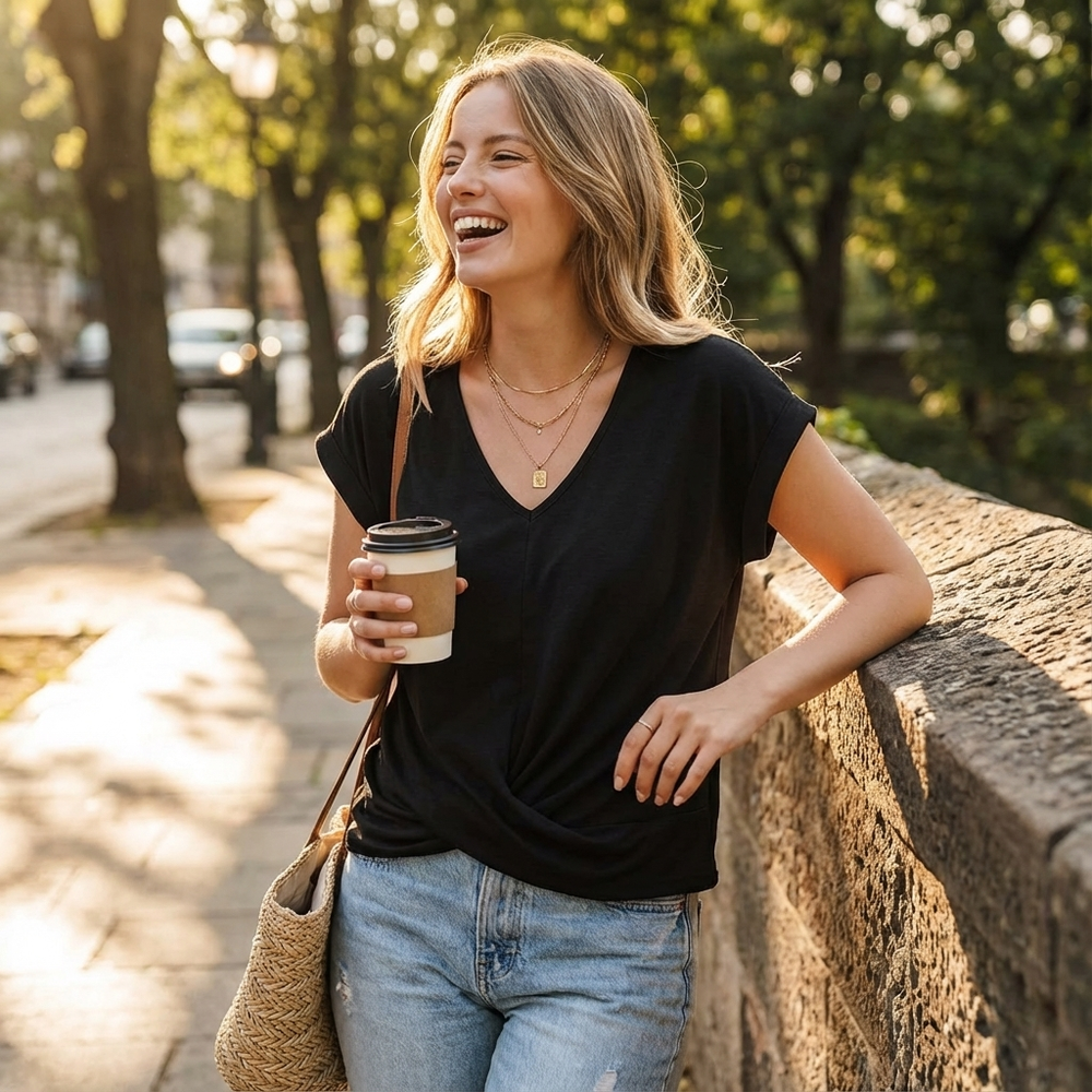 Women's V-Neck Twist-Front T-Shirt — Short-Sleeve Relaxed Summer Top