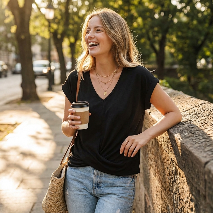 Women's V-Neck Twist-Front T-Shirt — Short-Sleeve Relaxed Summer Top