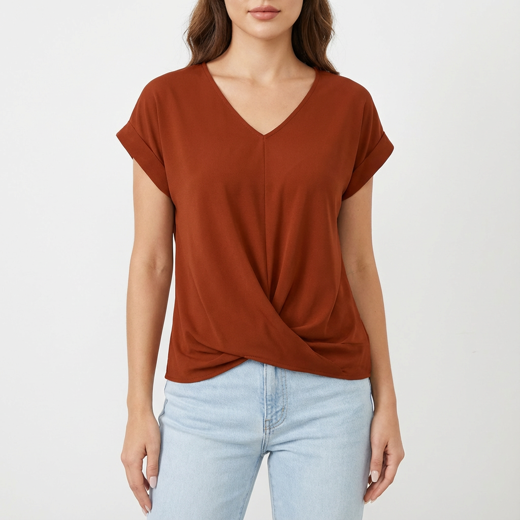 Women's V-Neck Twist-Front T-Shirt — Short-Sleeve Relaxed Summer Top