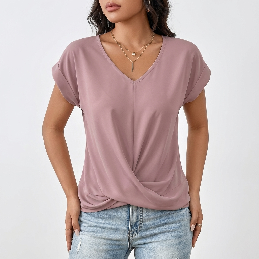 Women's V-Neck Twist-Front T-Shirt — Short-Sleeve Relaxed Summer Top