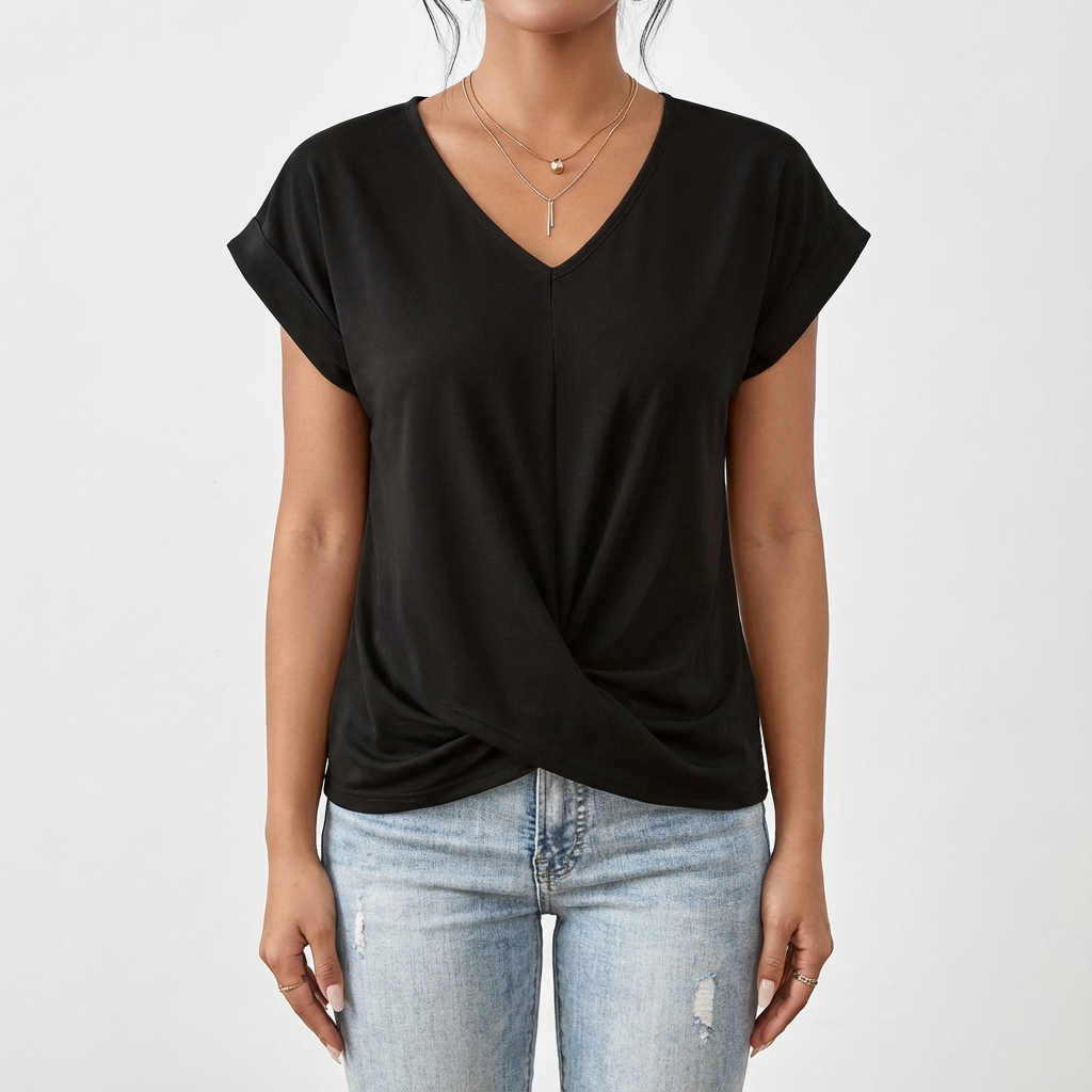 Women's V-Neck Twist-Front T-Shirt — Short-Sleeve Relaxed Summer Top