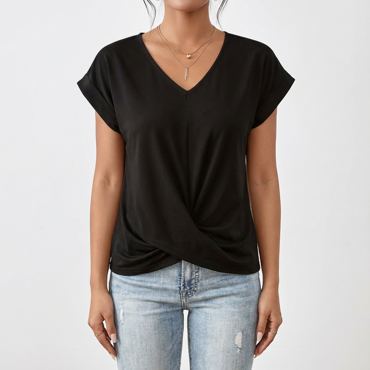 Women's V-Neck Twist-Front T-Shirt — Short-Sleeve Relaxed Summer Top