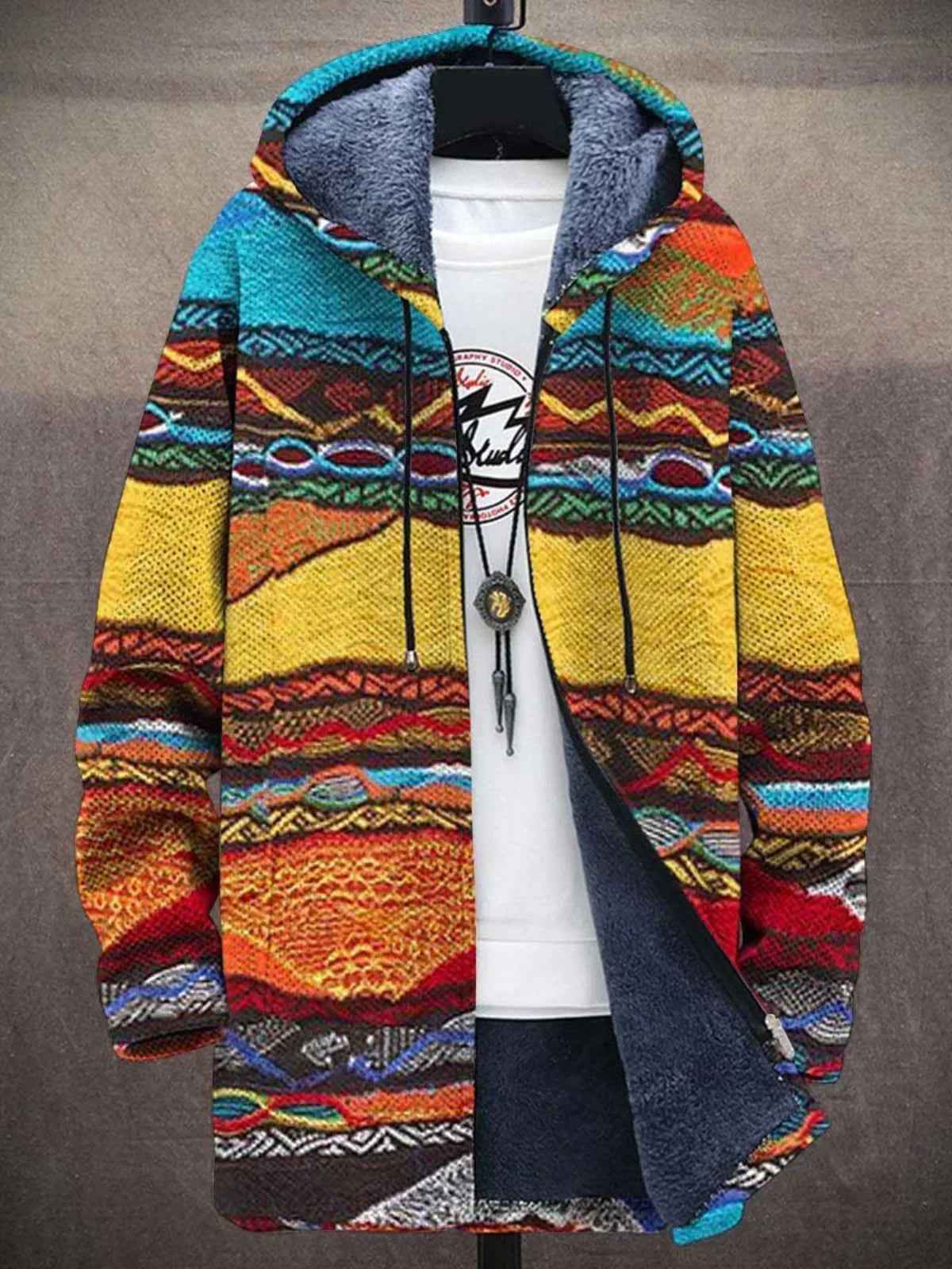 Women's multicolour geometric hooded jacket with zip front