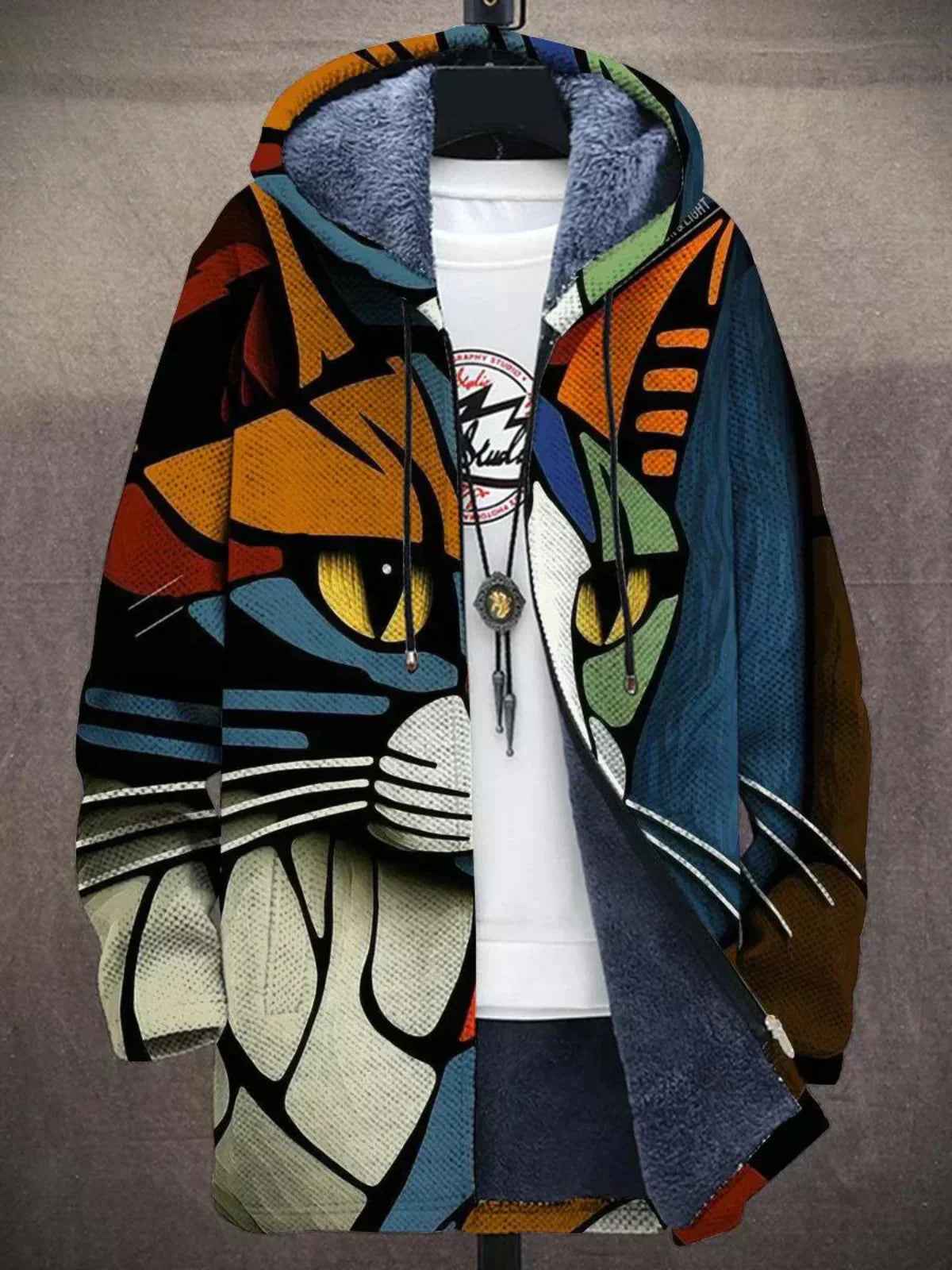 Women's multicolour geometric hooded jacket with zip front