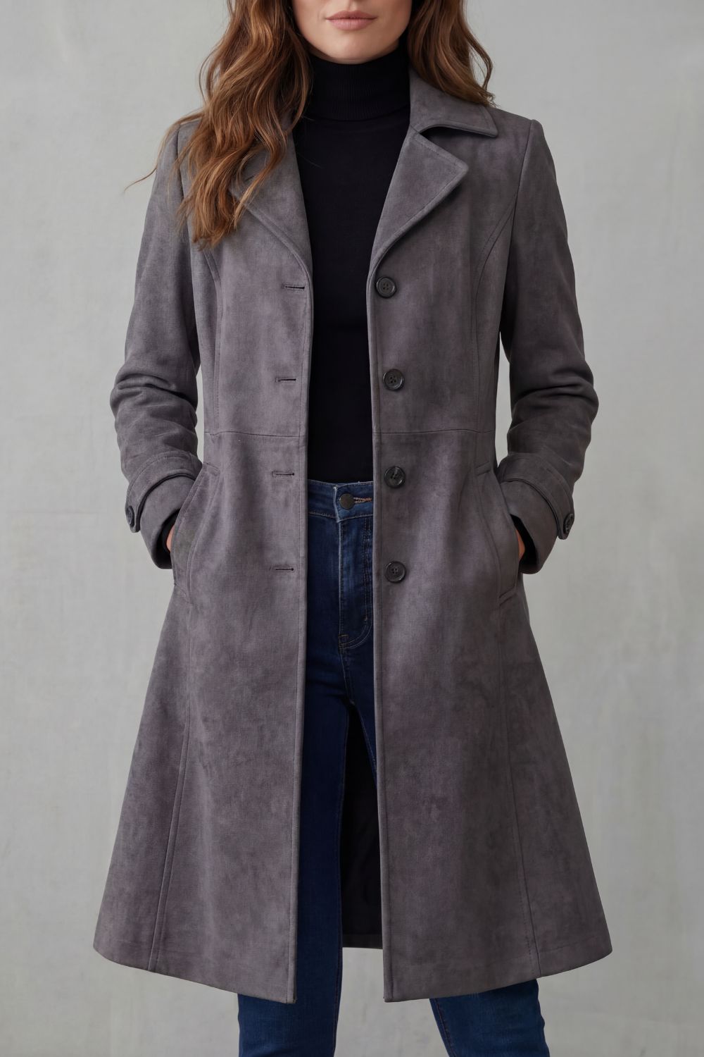 Women's longline coat with notched lapels, button front and hip pockets