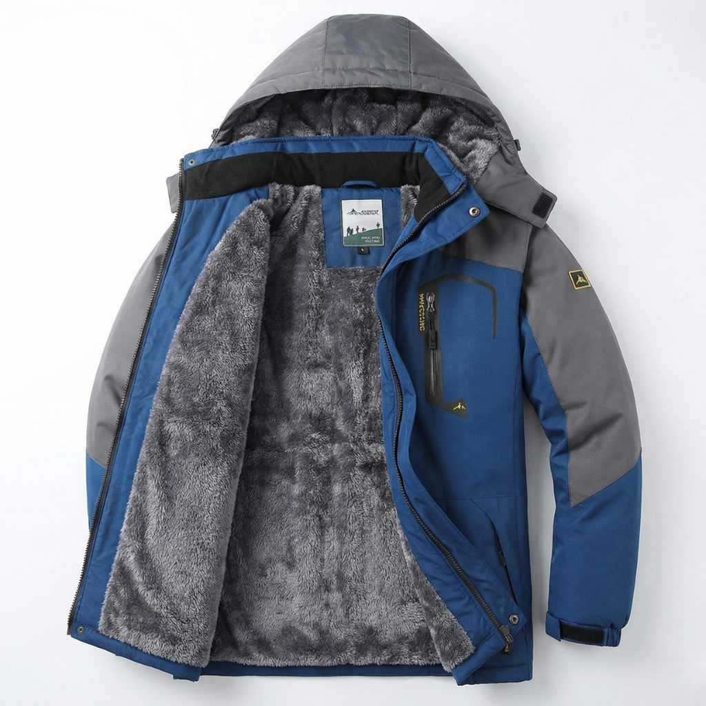 Men's hooded winter jacket with long sleeves, zip front and plush-looking lining
