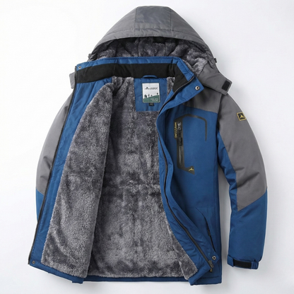 Men's hooded winter jacket with long sleeves, zip front and plush-looking lining