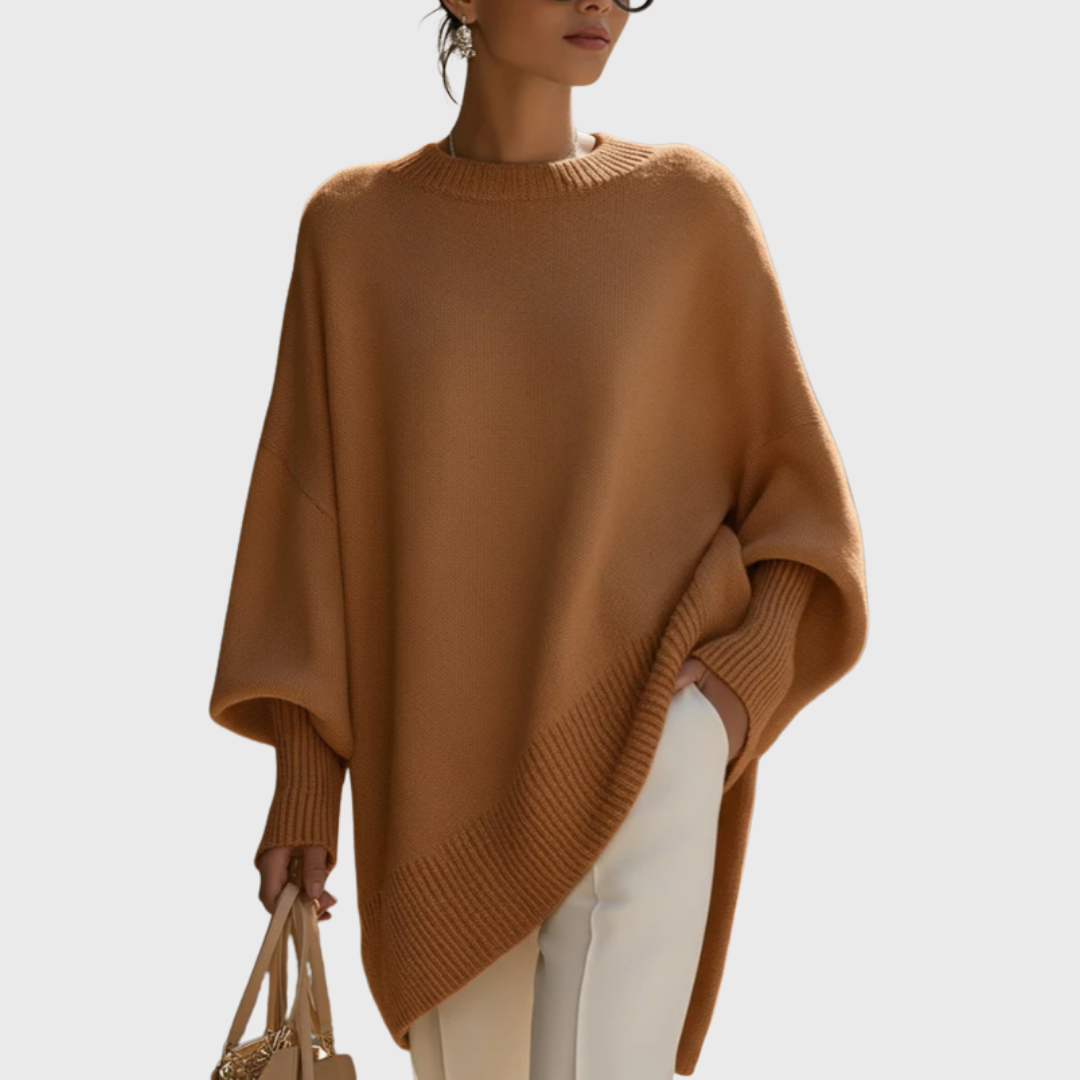 Women's oversized poncho sweater with crew neck and ribbed cuffs