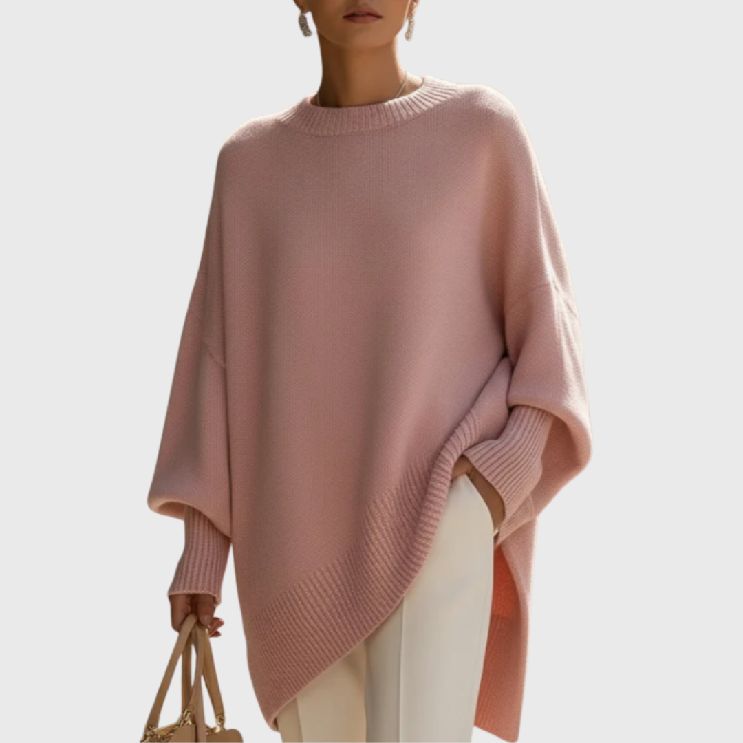 Women's oversized poncho sweater with crew neck and ribbed cuffs