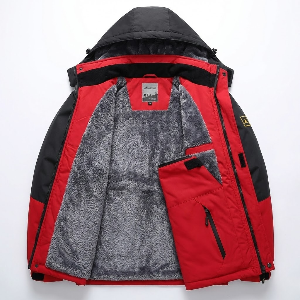 Men's hooded winter jacket with long sleeves, zip front and plush-looking lining