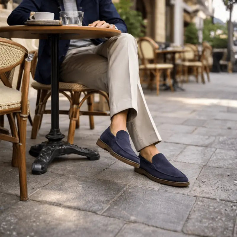 Navy men's penny loafers with moccasin stitching and brown sole
