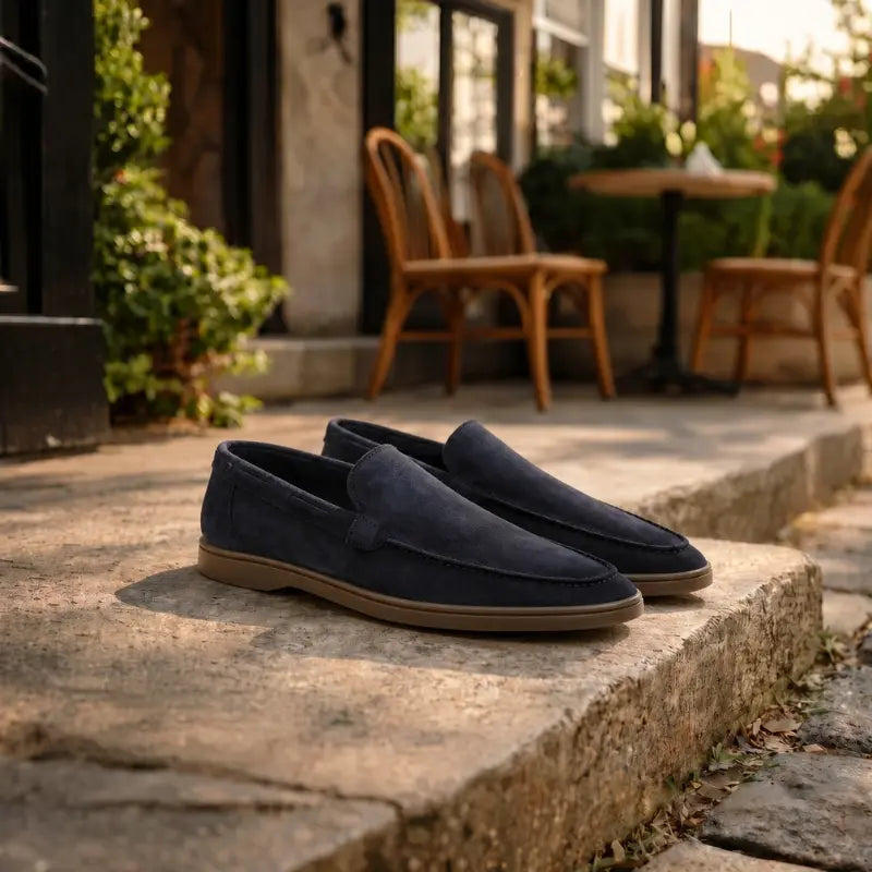 Navy men's penny loafers with moccasin stitching and brown sole