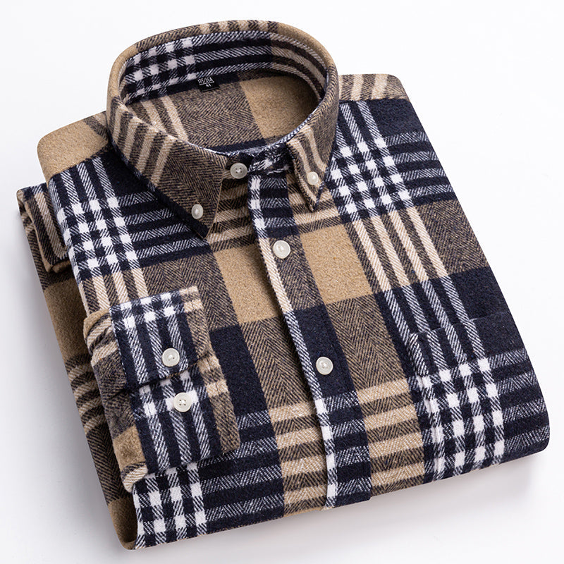 Men's plaid button-down shirt with long sleeves and chest pocket