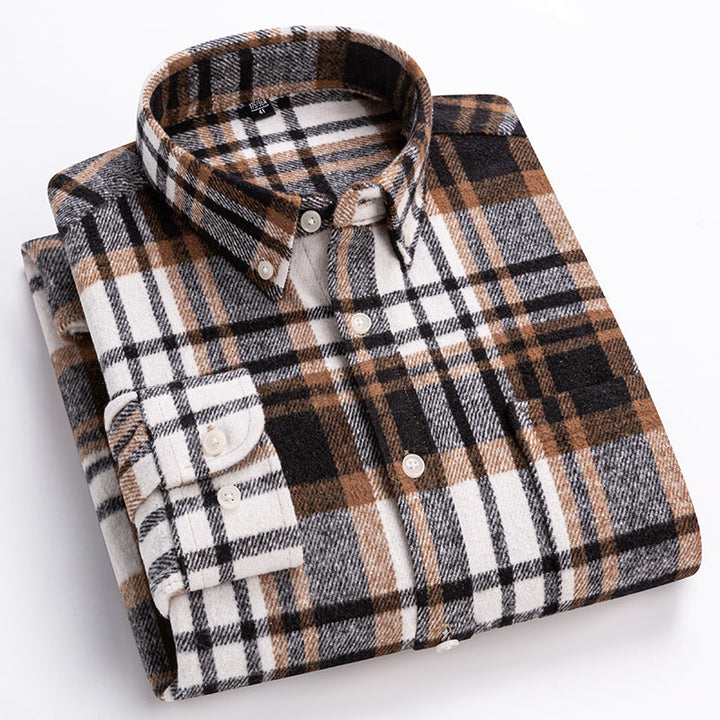 Men's plaid button-down shirt with long sleeves and chest pocket