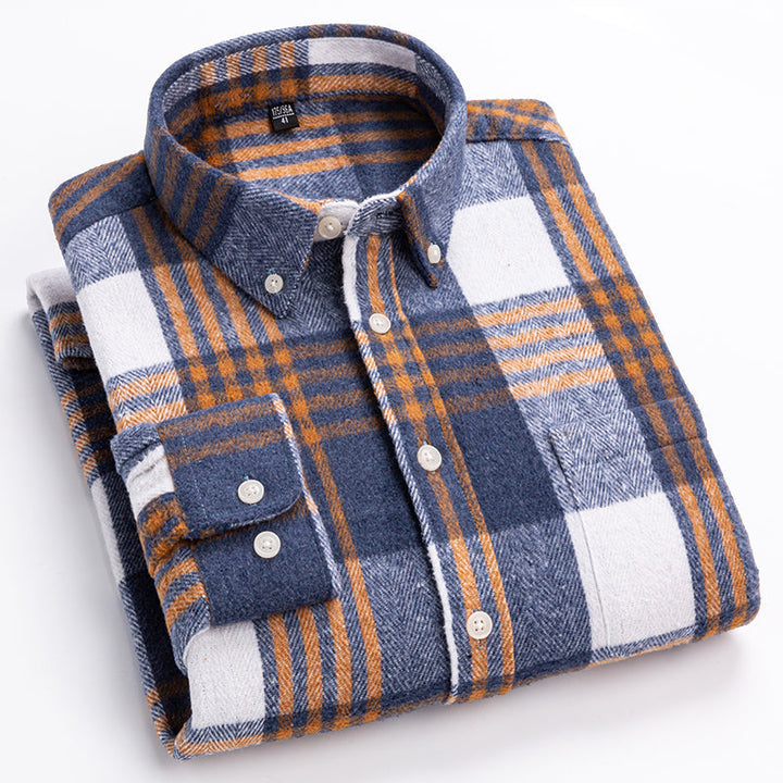 Men's plaid button-down shirt with long sleeves and chest pocket