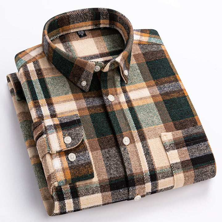 Men's plaid button-down shirt with long sleeves and chest pocket