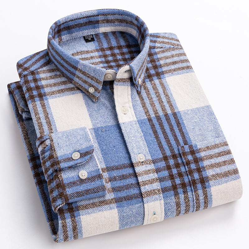 Men's plaid button-down shirt with long sleeves and chest pocket