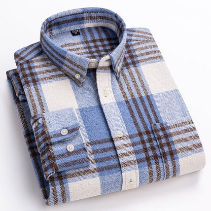 Men's plaid button-down shirt with long sleeves and chest pocket