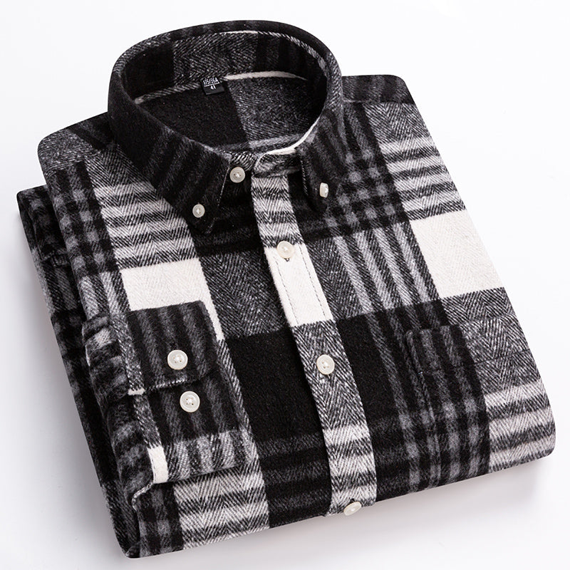 Men's plaid button-down shirt with long sleeves and chest pocket
