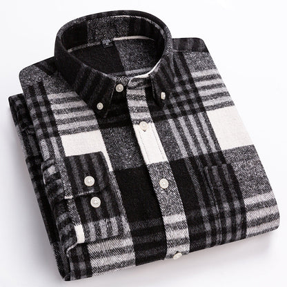 Men's plaid button-down shirt with long sleeves and chest pocket