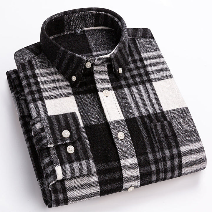 Men's plaid button-down shirt with long sleeves and chest pocket