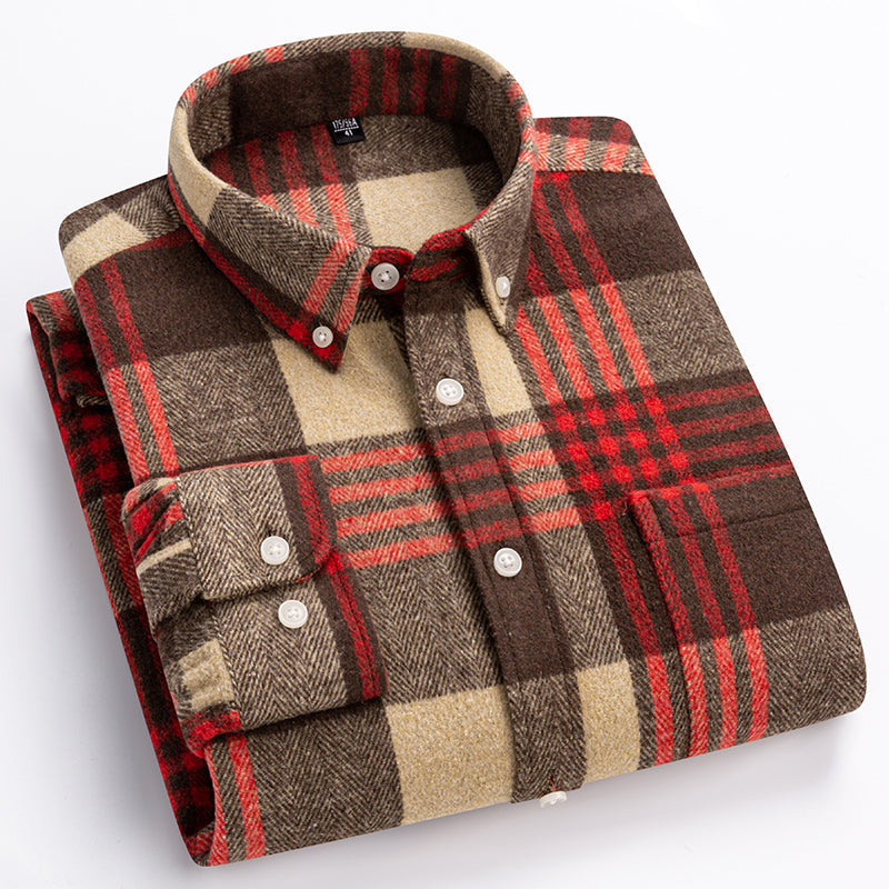 Men's plaid button-down shirt with long sleeves and chest pocket