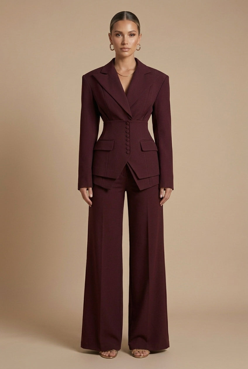 Women's tailored two-piece suit with peaked lapel jacket and wide-leg trousers
