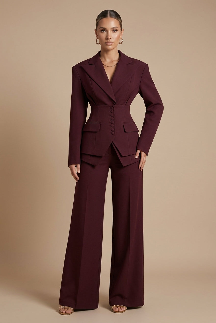 Women's tailored two-piece suit with peaked lapel jacket and wide-leg trousers