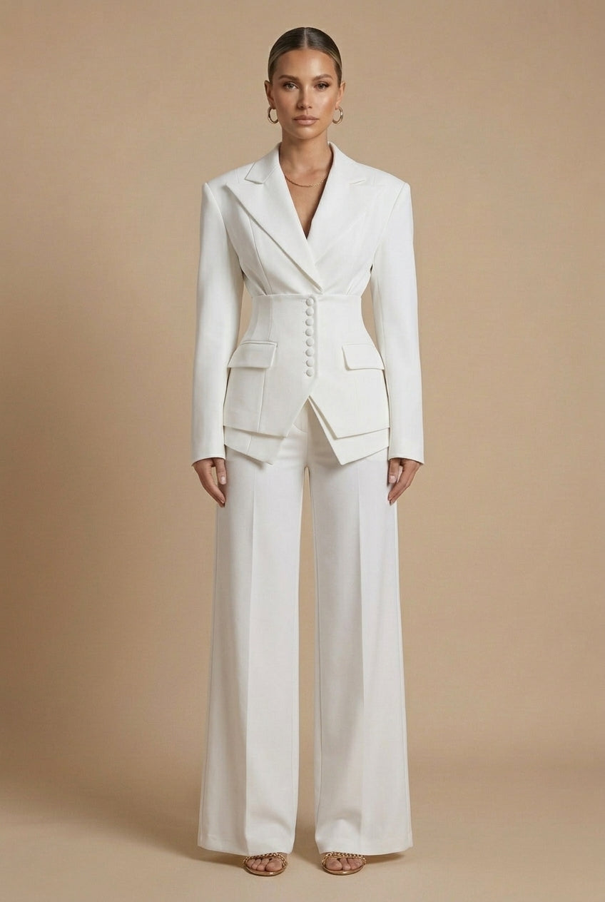 Women's tailored two-piece suit with peaked lapel jacket and wide-leg trousers