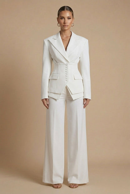 Women's tailored two-piece suit with peaked lapel jacket and wide-leg trousers